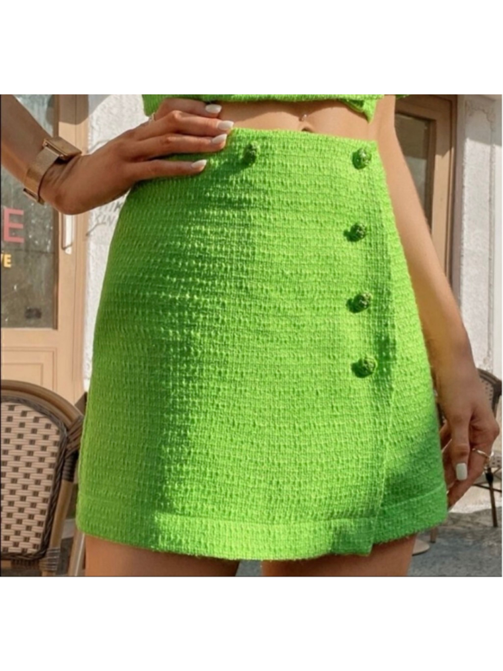Women's ZARA Lime Green Tweed Mini Skirt with Buttons M